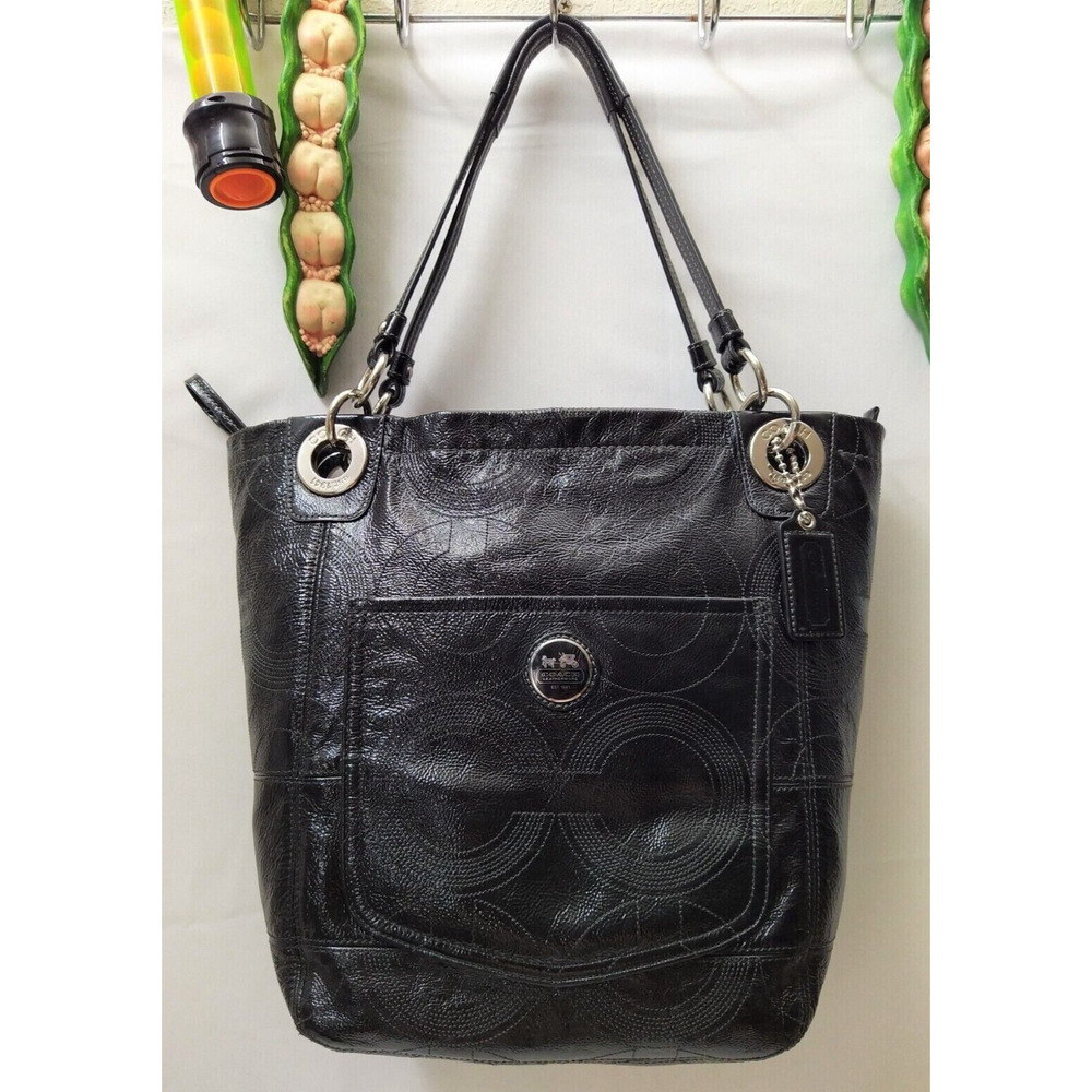 Coach Alex Signature Black Patent Leather Double Handle Shoulder Bag